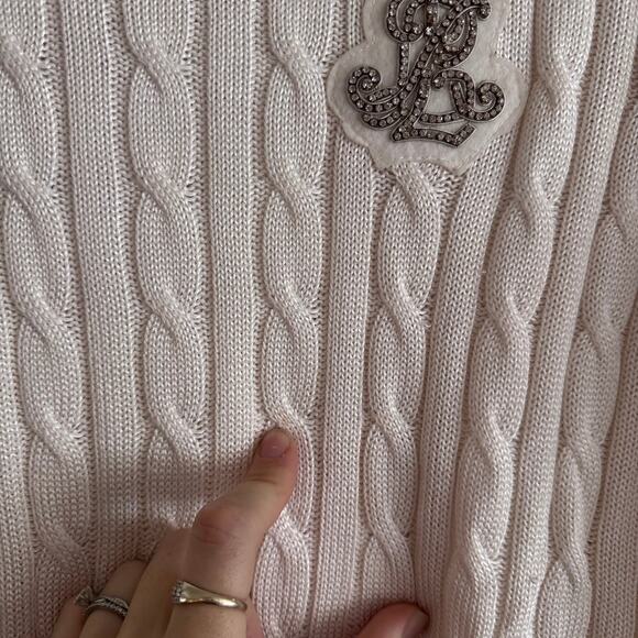 Lauren Ralph Lauren Crest Cable Knit Sweater Rhinestone Crest Logo Size Small - Picture 5 of 8